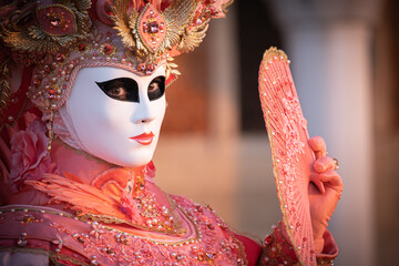 Beautiful carnival costume/mask posing during sunrise at the annual carnival in Venice, Italy