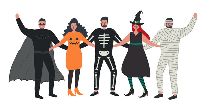 Halloween party. Young people in Halloween costumes stand together and hug. Vector illustration