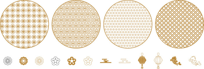 Round decorative elements with geometric and floral patterns.