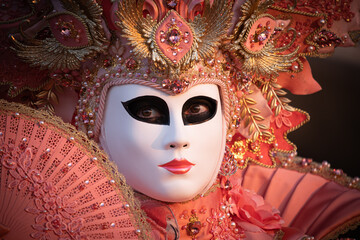 Beautiful carnival costume/mask posing during sunrise at the annual carnival in Venice, Italy