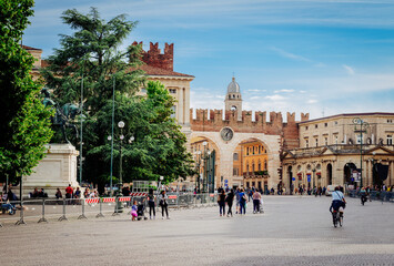 Medieval Gates on Piazza Bra in Verona, Italy. Cityscape of Verona