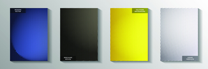 Cool point faded screen tone cover page templates vector series. Business notebook perforated screen tone backdrops. Vintage manga comics style cover layouts. Round pixels.