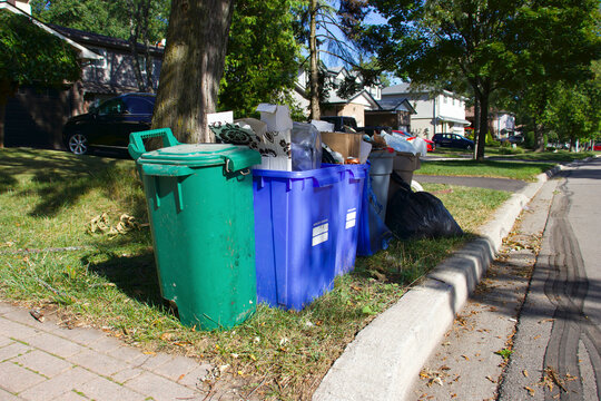 Blue recycle and green biodegradable garbage bin with trash in it in front of a residential house on the curbside grass.