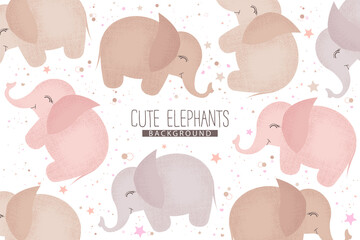 Vector background with pattern from cute hand drawn elephants isolated on white background. Animal design for print, fabric, card, wallpaper, packaging, baby shower