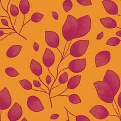 Vibrant wine red autumn leaves, branches seamless pattern. Autumn colorful background with red, orange colors. Hand drawn artistic print for fall fashion, kids textile