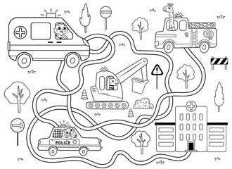 Help the ambulance find the right path to the hospital. Maze or labyrinth game for preschool children black and white for coloring. Puzzle. Tangled road. Transport for kids