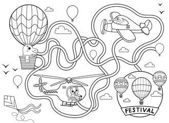 Help the hot air balloon find the right way to the festival. Maze or labyrinth game for preschool children black and white for coloring. Puzzle. Tangled road. Transport for kids