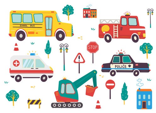 Funny kids transport set with road signs. School bus, ambulance, excavator, fire engine, police car cartoon vector illustration isolated on white background