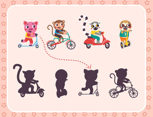 Color visual puzzle page for preschool kids. Find the correct shadow game. Matching. Transport for children.