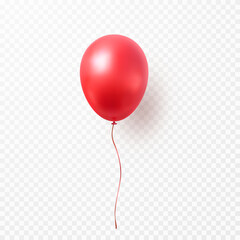 Balloon isolated on transparent background. Vector realistic red festive 3d helium ballon template for anniversary, birthday party design - obrazy, fototapety, plakaty