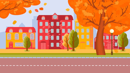 City street of the autumn city. a warm, clear day. Leaves fly off the trees. Vector illustration