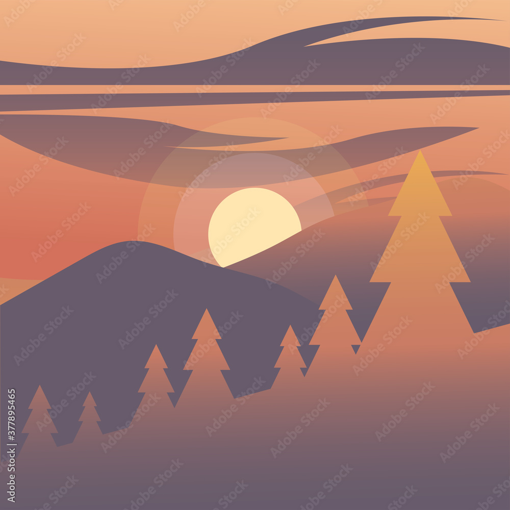 Poster pine trees in front of red sky vector design