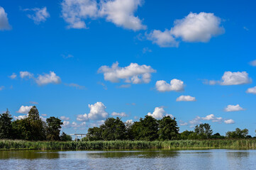 Beautiful blue sky with small clouds like cotton wool above the Reeuwijk lakes area with reed borders, trees and a typical Dutch bridge.