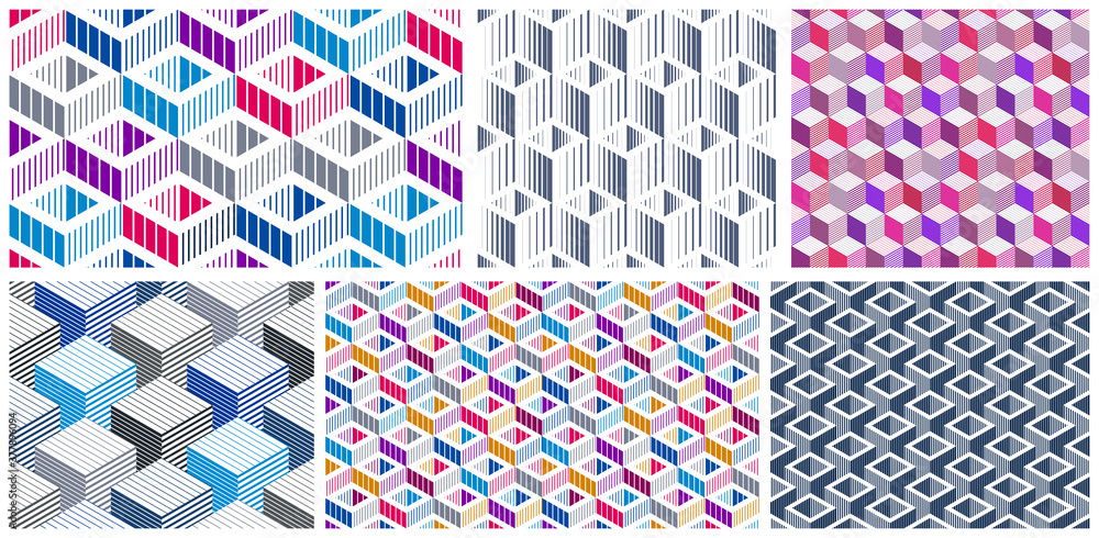 Poster geometric 3d seamless patterns with lined cubes, stripy boxes blocks vector backgrounds set, archite