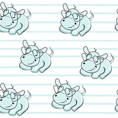 Baby blue hippo and striped background seamless pattern for kids