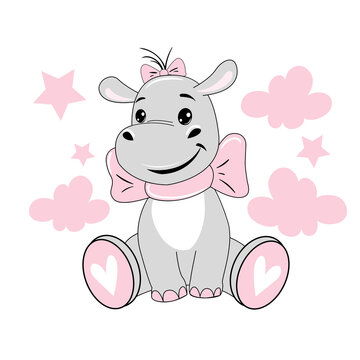 Cute baby hippo girl in pink clouds on a white background isolated