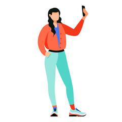 Isolated on white woman taking selfies vector illustration. Smartphone user making photo design element in flat cartoon style.