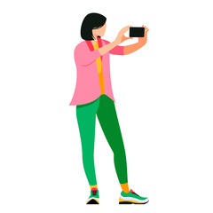 Isolated on white woman taking selfies vector illustration. Smartphone user making photo design element in flat cartoon style.