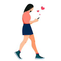 Isolated on white girl walking and surfing internet on smartphone vector illustration. Social media addiction design element. Woman texting in flat cartoon style.