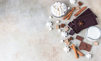 Dark and milk chocolate, cinnamon, anise star, brown sugar, marshmallow, meringue and milk over light texture background. Ingredients for making hot chocolate.