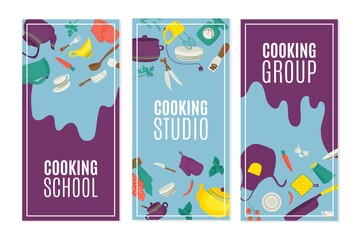 Kitchen utensils and cooking banners set, vector illustration. Food and recipe kitchenware utensils, spices on table worktop. Apron, kettle, spoon, knife and cook equipment for kitchen.
