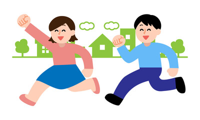 街中で男性の前をガッツポーズしながら走る女性