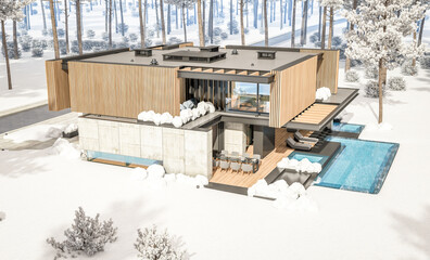 3d rendering of modern cozy house with parking and pool for sale or rent with wood plank facade and beautiful landscaping on background. Cool winter day with shiny white snow.