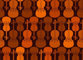 Violins, seamless pattern, brown. Brown and orange violins on a dark field. Vector.  