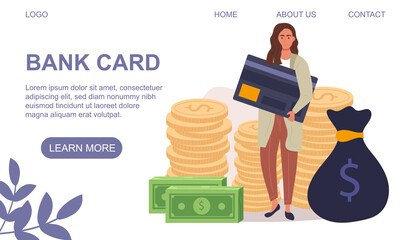 Bank Card, credit and payment web page template with young woman holding her card surrounded by cash and a money bag, colored vector illustration