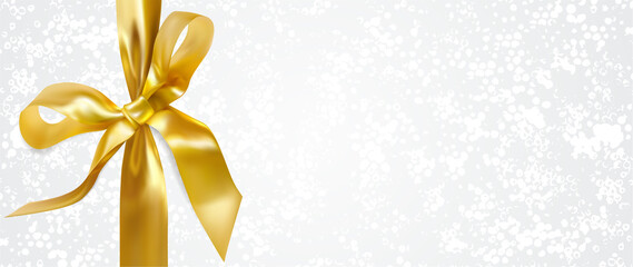 Holiday gift certificate template with gold bow, ribbon on white shimmery textured background. Premium class design for Voucher, Gift card, Invitation to event (Christmas)