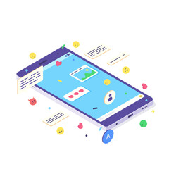 Isometric mobile social media chat app. Phone application with message, emoji and bubble for network communication