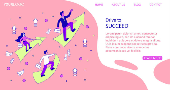 Drive to Succeed business motivation or career ambition concept with three businesspeople surfing rising arrows, colored vector illustration. Web page template