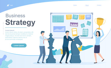 Business strategy and planning concept with a successful winning team using chess pieces in the office, colored vector illustration web page template