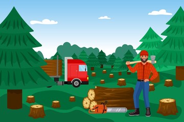 Lumberjack with woodcutter in forest, timber vector illustration. Lumber wood, cutting logs worker cartoon character. Lumberman in checkered shirt. Firewood industry lumberer.