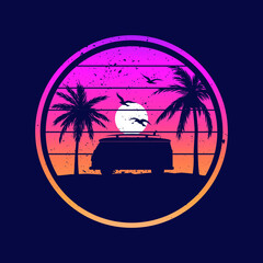 Landscape skyline with Van, sun and palm trees. Retrowave, 80's vector graphic for apparel
 - obrazy, fototapety, plakaty
