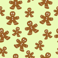 Christmas seamless pattern with family of gingerbread men on an yellow background
