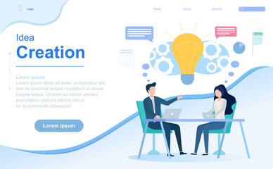 Creation, inspiration and bright ideas concept with a business colleagues seated at a table brainstorming below a light bulb, colored vector illustration. Web page template or landing page template