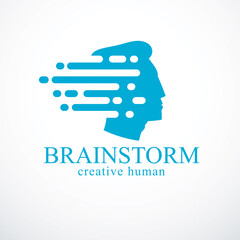 Brainstorm concept, vector design of human head profile with thoughts moving fast. Vector logo or icon template.