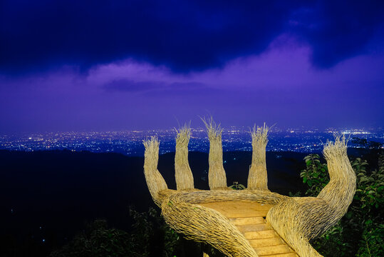 Landscape of the famous Hand Palm spot at Hutan Pinus Pengger Yogyakarta, Indonesia.