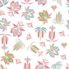 Fototapeta na wymiar Vector seamless colorful pattern design of lined abstract ornamental flowers in pastel colors. The design is perfect for backgrounds, textiles, wrapping paper, wallpaper, decorations and surfaces