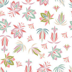 Vector seamless colorful pattern design of lined abstract ornamental flowers in pastel colors. The design is perfect for backgrounds, textiles, wrapping paper, wallpaper, decorations and surfaces