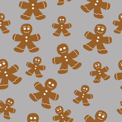 Christmas seamless pattern with family of gingerbread men on a gray background