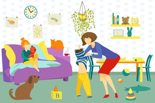 Mother, daughter and son happy together at home indoors vector illustration. Mom helping her child to dress in childrens room. Family at home. Kids playing and go to sleep with mother.