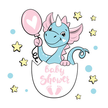 Cute blue dragon with a pink inflatable ball and the inscription baby shower on a white background