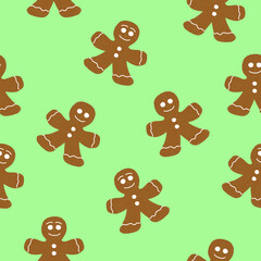 seamless pattern with funny gingerbread men on a green background