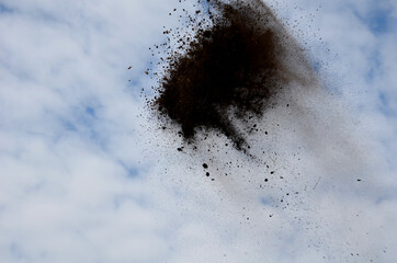 manual worker of a stronger figure throws a soil with a shovel, for a better distribution of the...