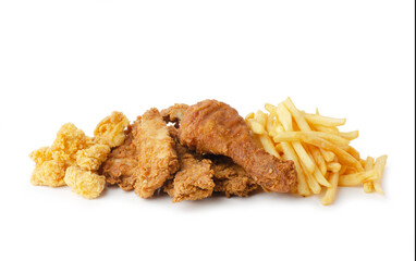 Fried chicken with frech fries, breaded drumsticks and nuggets isolated