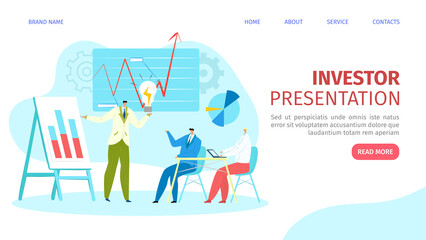 Presentation for investor web page, landing, vector illustration. Startup ideas on board. Partners and investors at conference, digital development. Website template for company investment project.