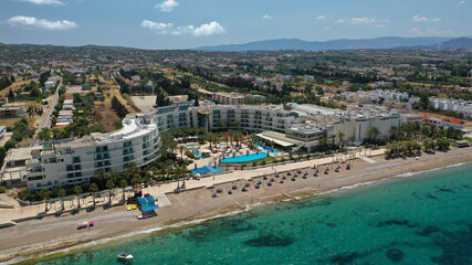 Aerial drone photo of famous landmark building of Club Hotel and Casino of Loutraki town,...