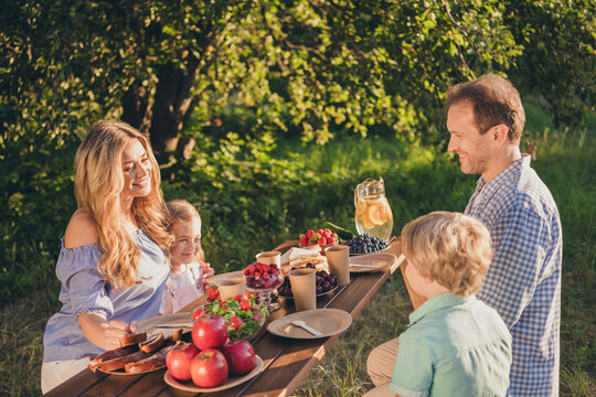 Photo of full family young marriage two little children gathering enjoy dinner table fresh homegrown eco products fruits country house start meal generation comfort backyard trees grass outdoors